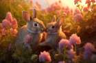 Two rabbits backlit amid flowers. AI Generated. Art Print